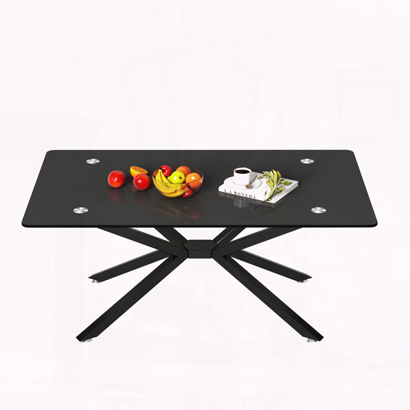 Table basse rectangulaire en verre noir avec pieds en métal noir