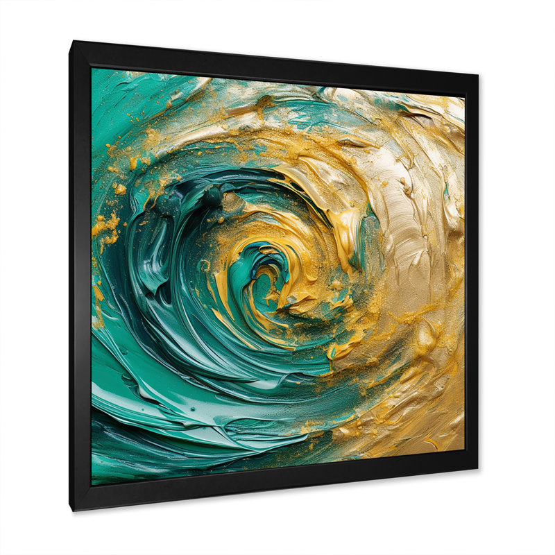 «Golden Ocean Swirling Waves», art mural spirales abstraites, Cadre simple noir, H 30 po x l 30 po x P 1 po