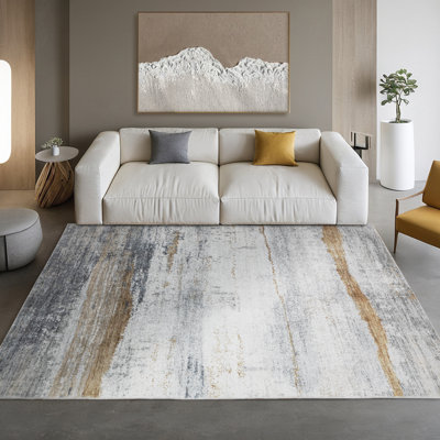 Modern Abstract Gray/White/Gold Machine Washable Area Rug