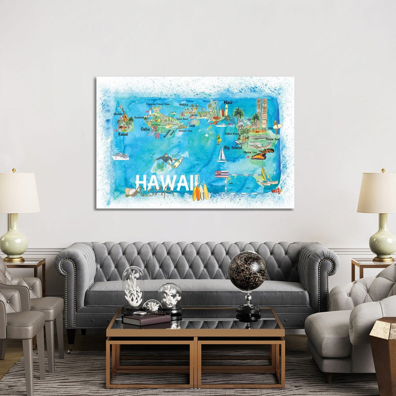 Hawaii USA Illustrated Map With Main Roads Landmarks And Highlights by Markus & Martina Bleichner - Wrapped Canvas Gallery-Wrapped Canvas Giclée