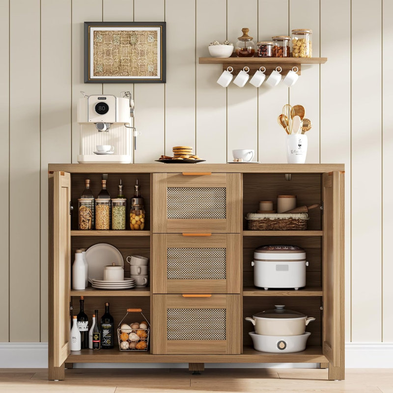 Rattan Buffet Sideboard Cabinet, Coffee Bar Cabinet with 3 Drawers, Boho Kitchen Accent Storage Cabinet  for Dining Room, Living Room, Entryway, Light / Dark Oak