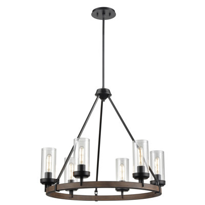 Lustre de roue de wagon unique 6 lumières avec accents de bois Apalachin
