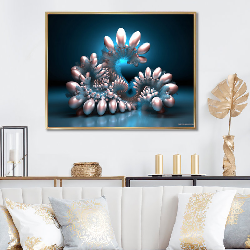 Fractal 3D Universe en bleu futuriste - impression, Cadre flottant doré, H 12 po x l 20 po x P 1 po