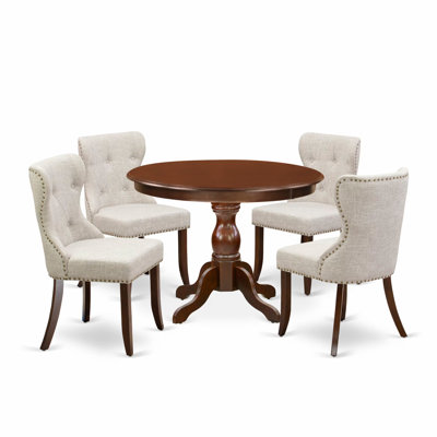 5 Piece Dining Room Table Set Includes a Round Kitchen Table with Pedestal and 4 Doeskin Linen Fabric Parsons Dining Chairs, Mahogany