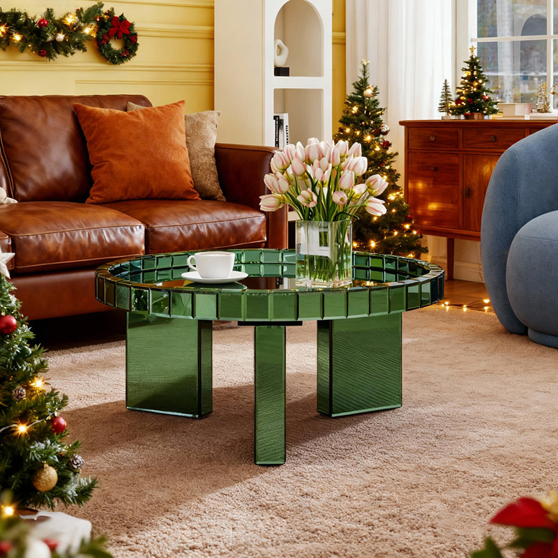 Amla Round Glass Coffee Table Cocktail Table Tray Top, Green