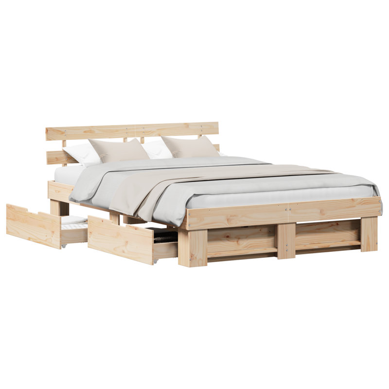 Bed Frame with Headboard Solid Pine Wood, Brown, Kingsize (5')