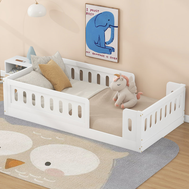 Wood Floor Bed with Semi-Enclosed Guardrails, White, Twin