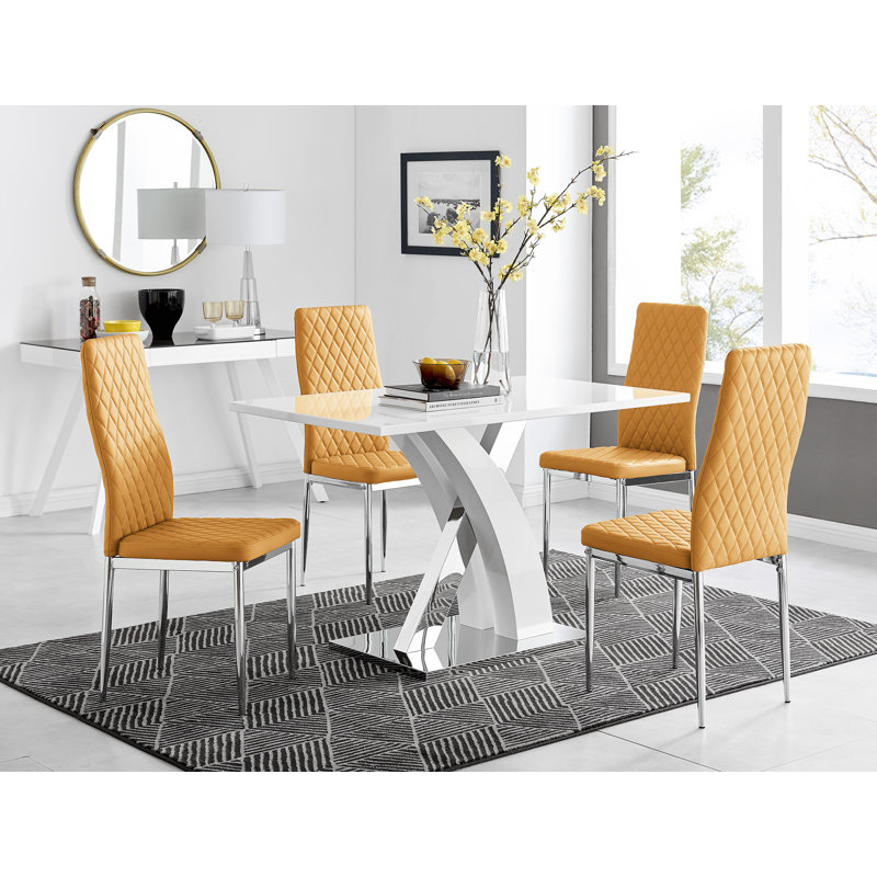 Marietta Chrome Metal & White High Gloss Dining Table Set - 4 Soft Touch Faux Leather Dining Chairs, Mustard/Silver