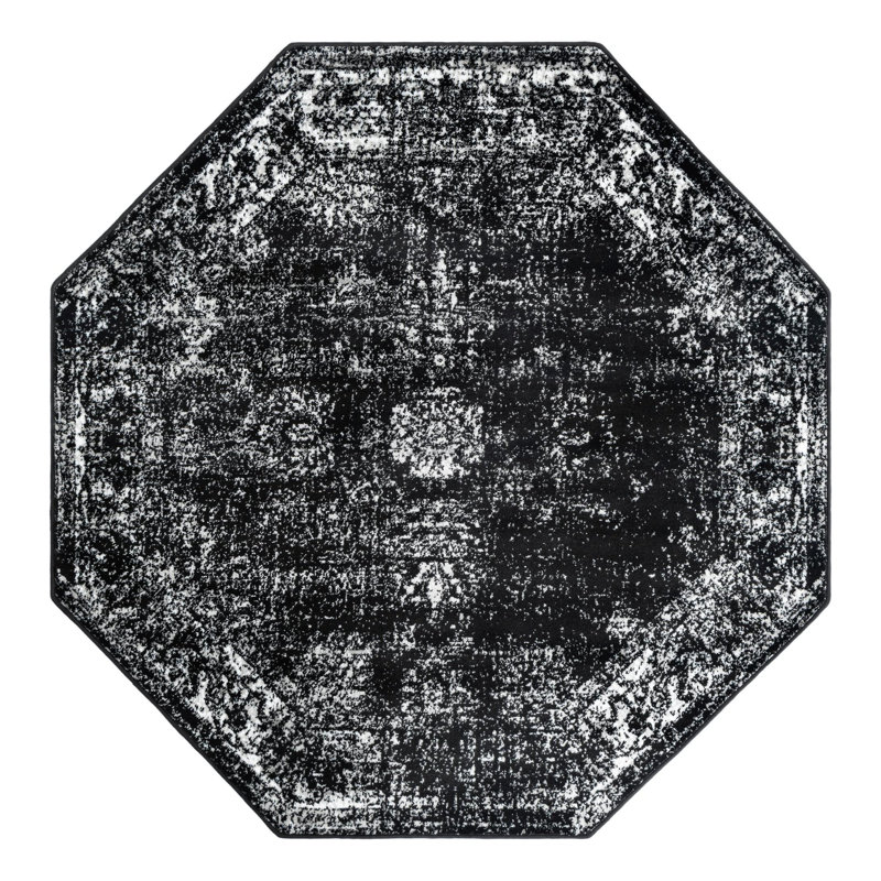 Tapis à motifs floraux Brandt, Non, Noir, Octogone 1,85 m x 1,85 m