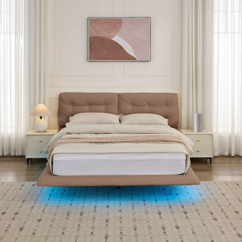 Structure de lit flottant pour grand lit avec lumières DEL, lit plateforme en cuir d'unité centrale avec tête de lit capitonnée