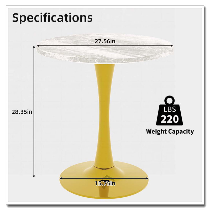 Table de salle à manger ronde en bois avec base piédestal, table basse, Marbre blanc, Doré