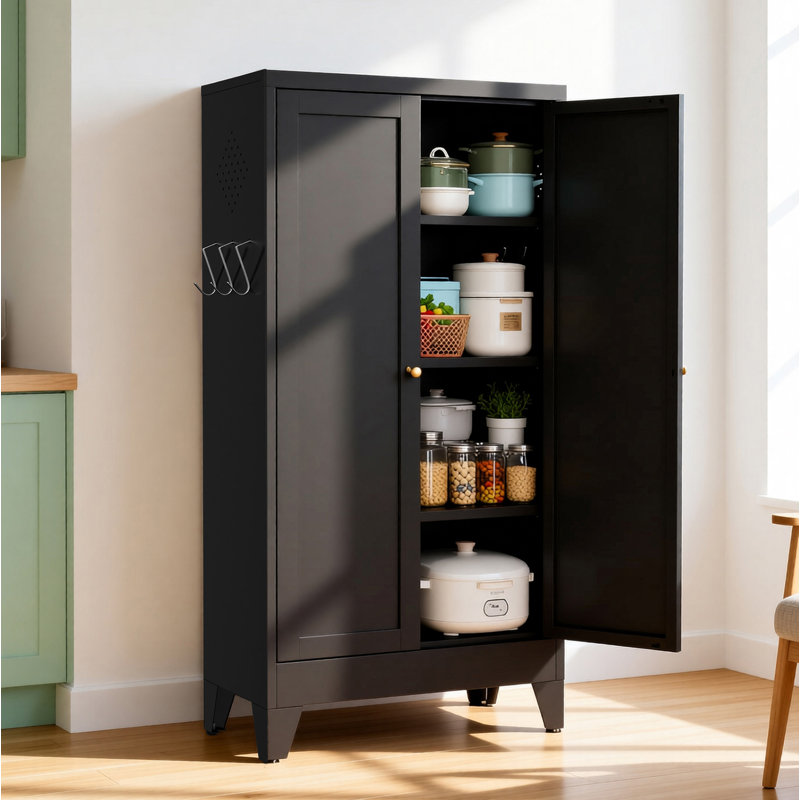 Rangement réglable de 47,3 po en métal noir avec 3 tablettes (capacité de 110 lb) et garde-manger autoportant robuste pour la cuisine, le garde-manger et le salon