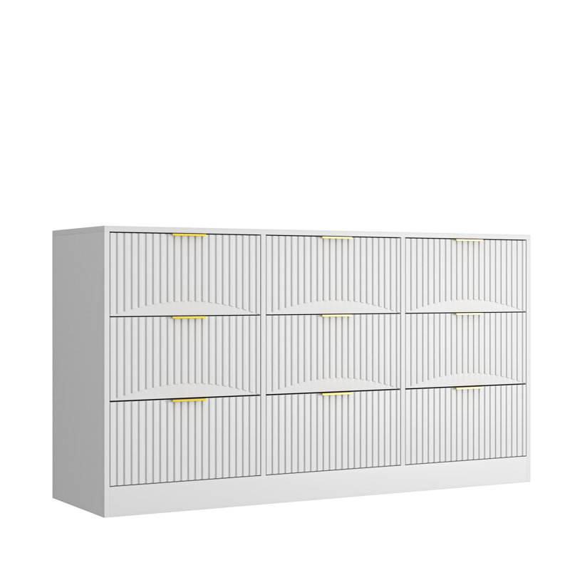 Commode 9 tiroirs, grande commode profonde de 63 po avec panneaux ondulés et poignées dorées, longue armoire de rangement moderne en bois pour la chambre à coucher, le salon et le couloir