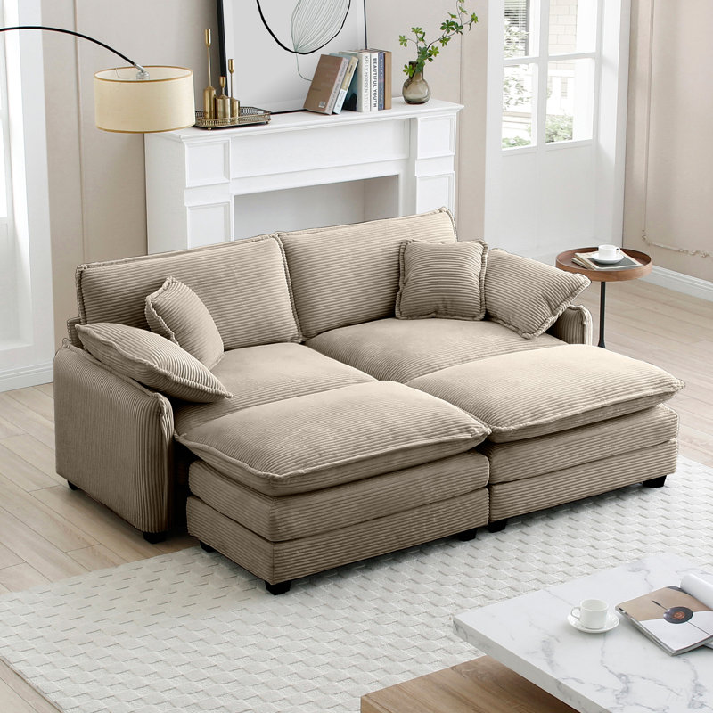 Oversized Modular Cushioned Sofa With Conversible Ottoman, Camel, 33.85" H x 150.38" W x 34.25" D