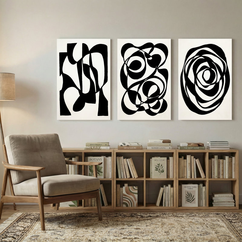 Abstrait abstrait noir et blanc, 18” H x 36” W