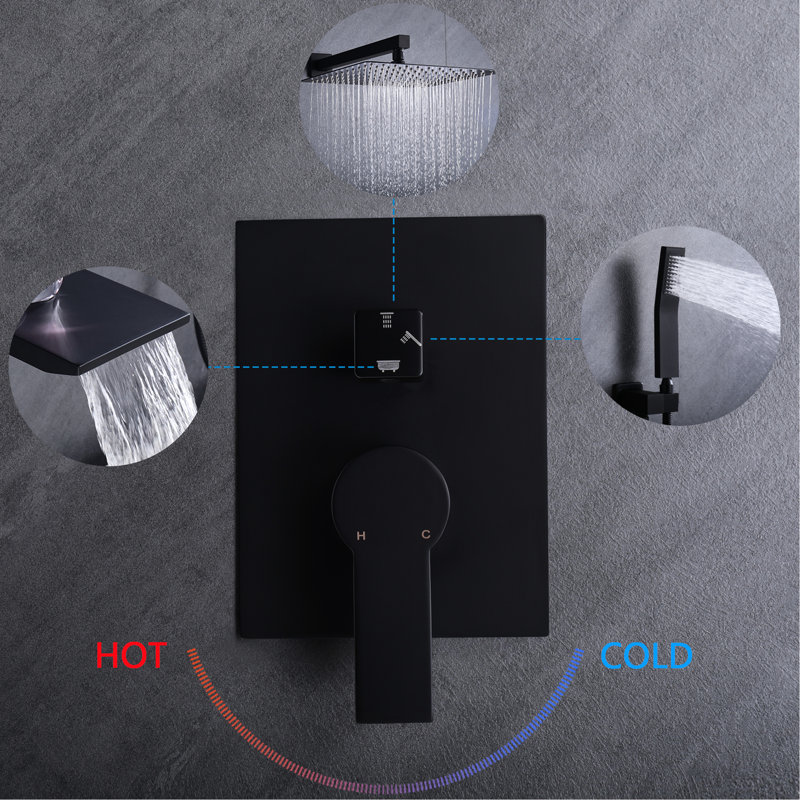 10" Rainfall Shower Head And Balanced Faucet Bathroom System - Matte Black, Wall Mounted In Black With 10Inch Valve