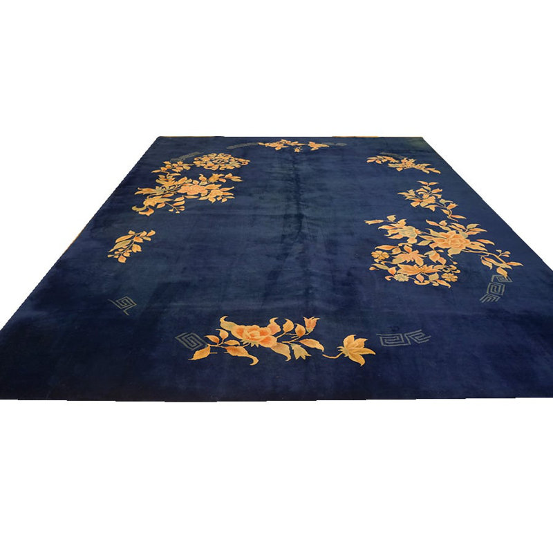 Navy Blue Open Field Antique Room Size Floral Chinese Art Deco Rug