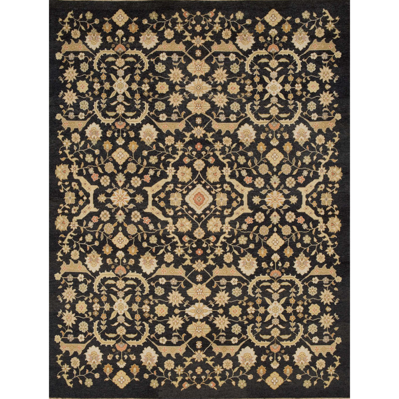 Hand-Knotted Black Wool Oriental Rectangular Rug 9' x 12'
