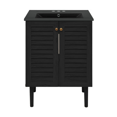 Meuble-lavabo autoportant 24 po en chêne noir avec comptoir central à 3 trous Bron