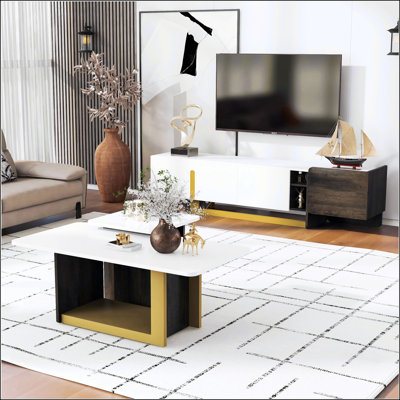 Modern TV Stand And Coffee Table Set For Living Room, Featuring Spacious Tops, Storage Cabinets, And Adjustable Shelves For Enhanced Functionality