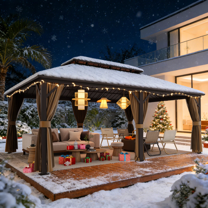 Pavillon de jardin en aluminium 14 pi x 20 pi avec toit en acier galvanisé à double aération, moustiquaire et rideaux d'intimité pour patio, cour, terrasse et jardin