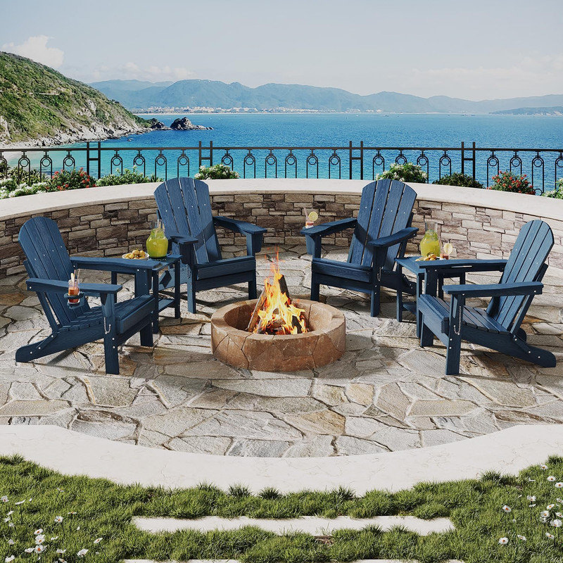 Folding Adirondack Chair with Ottoman & Cup Holder, HDPE Wood-Grain, 380 lbs Capacity All-Weather Outdoor Patio Set for Decks, Gardens, Fire Pit