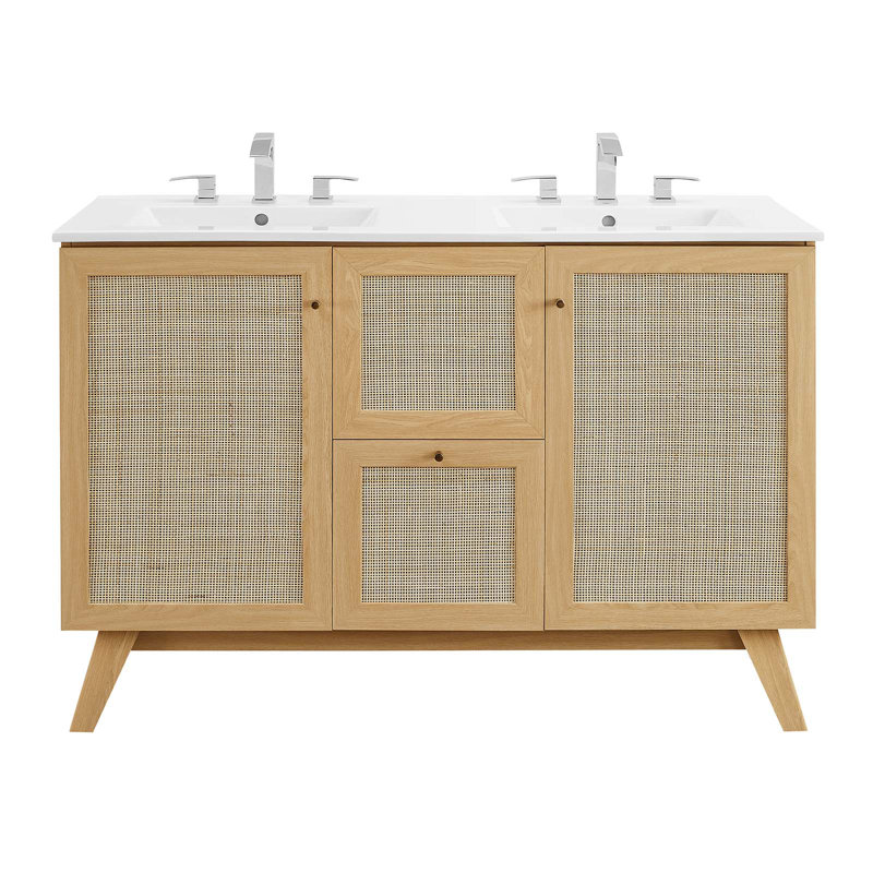 Modway Soma 48'' Free Standing Double Bathroom Vanity with Manufactured Wood Top, Oak, White