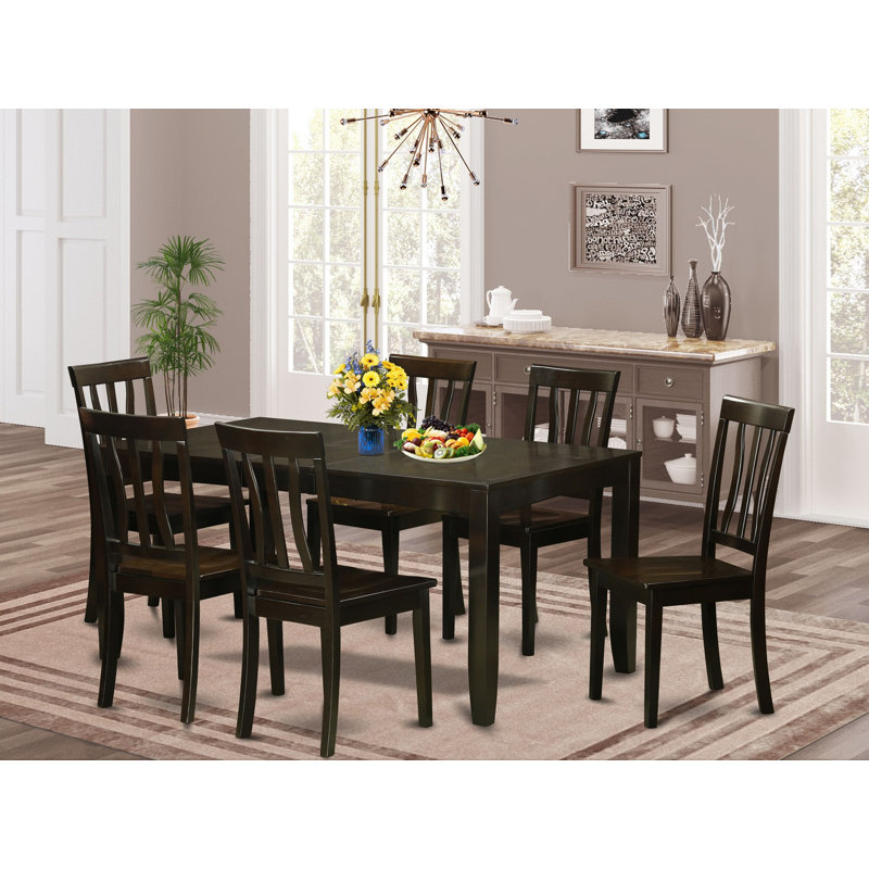 Lockmoor Solid Wood Solid Wood Top Four Leg Dining Set, 7 Pieces: 1 Table, 6 Chairs, Wooden Seat, Cappuccino