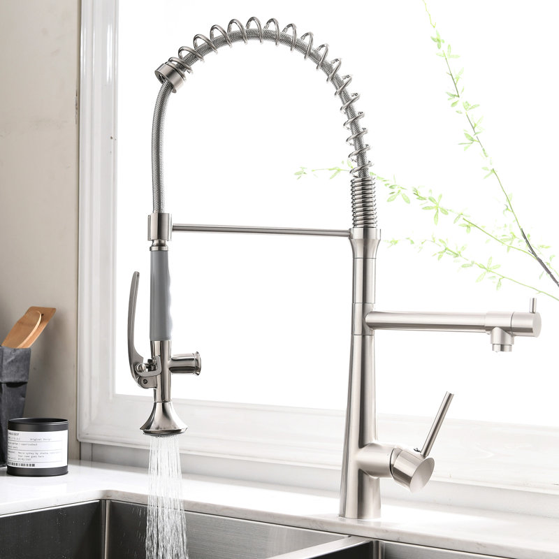Spot Brushed Nickel Kitchen Faucet With Commercial Style And Pre-Rinse Spring High Arc Single Handle Ceramic Disk Filler In Finish
