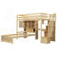 Lit mezzanine simple au-dessus de simple avec bureau intégré et escalier, avec compartiments de rangement et tablettes, naturel