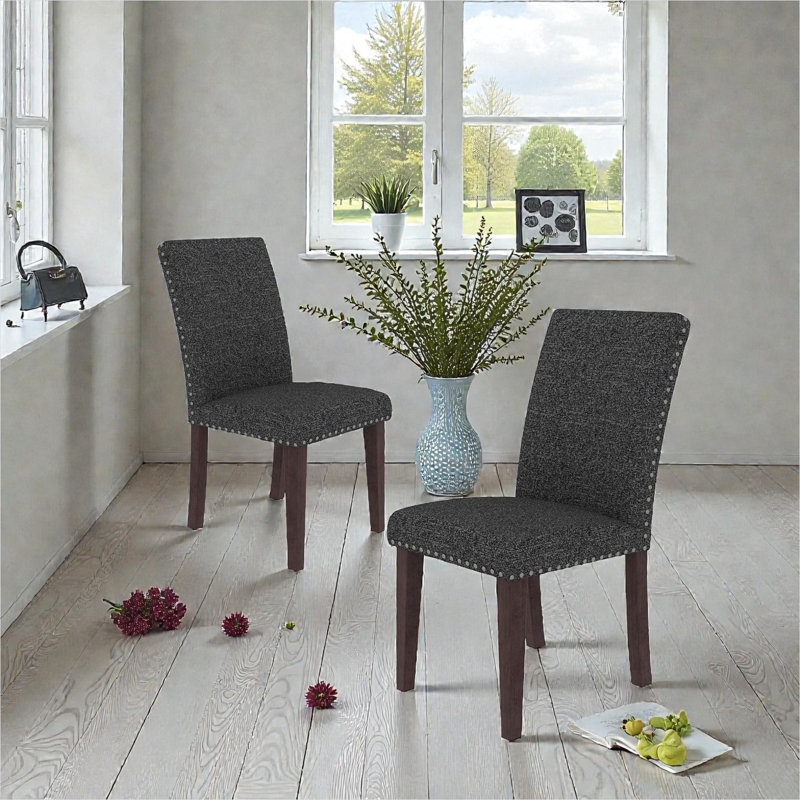 Ensemble de 2 chaises d'appoint rembourrées en tissu gris neutre avec pieds en bois massif, sièges de salle à manger à haut dossier, style traditionnel
