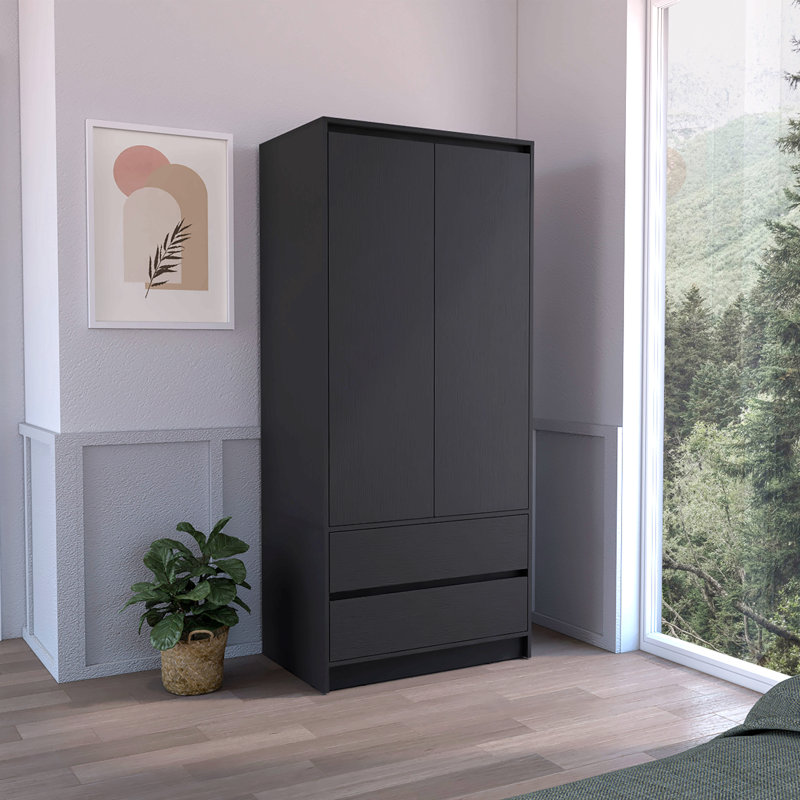 Armoire, penderie avec deux tiroirs, tringle, Noir