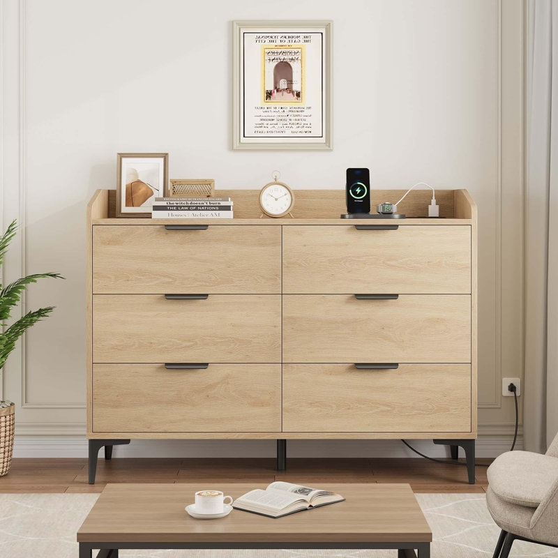 Armoire de rangement en bois à 6 tiroirs de 47,2 pouces de large avec prises de courant pour le salon, la chambre à coucher ou l'entrée
