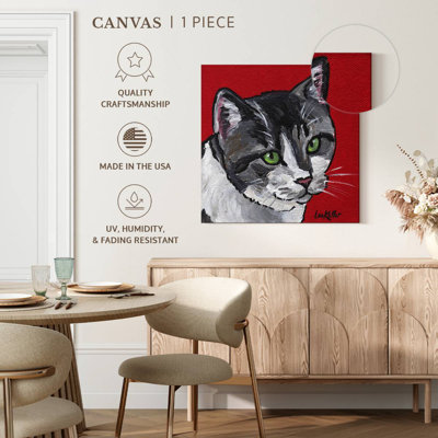 Chat tigré sur fond rouge
