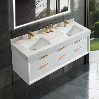 Solid wood 60'' Modern Wall Mounted Double Bathroom Vanity with Engineered Stone Top and Light