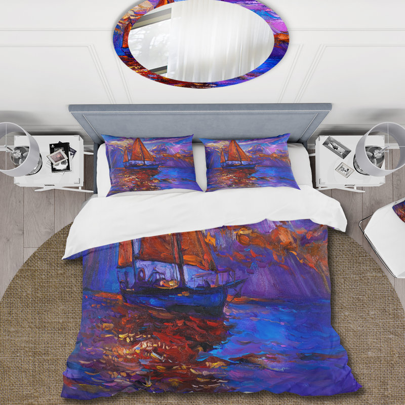 Red Sail Ship On Purple Sunset - Ensemble de housse de couette nautique et côtier - Polyester en microfibre