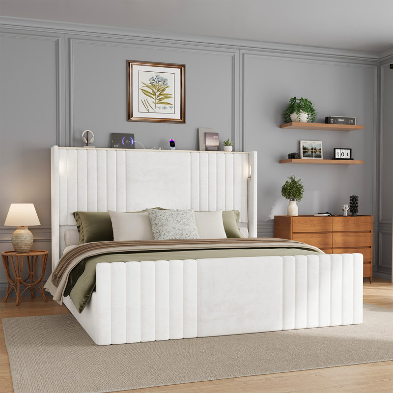 Velvet Upholstered Wingback Platform Bed, White, King