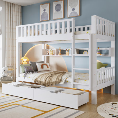 White 3FT Solid Pine Wood Bunk Bed With Under-Bed Slide Drawer Storage And Shelf, Convertible To Two Single Beds (90X190cm)
