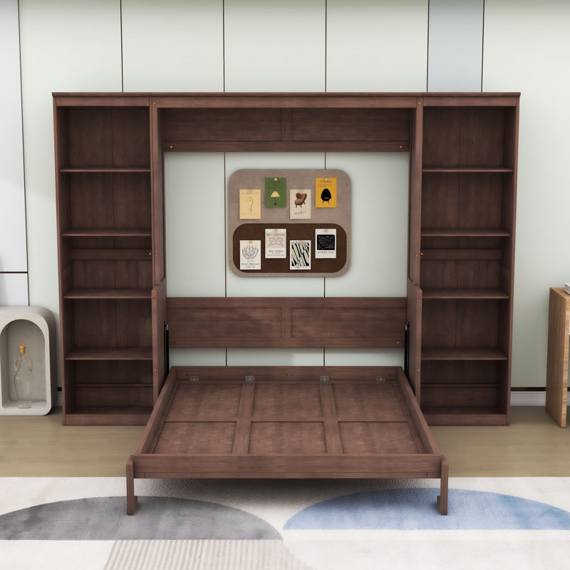 Lit escamotable en bois avec bureau intégré et bibliothèque de rangement, Lit double