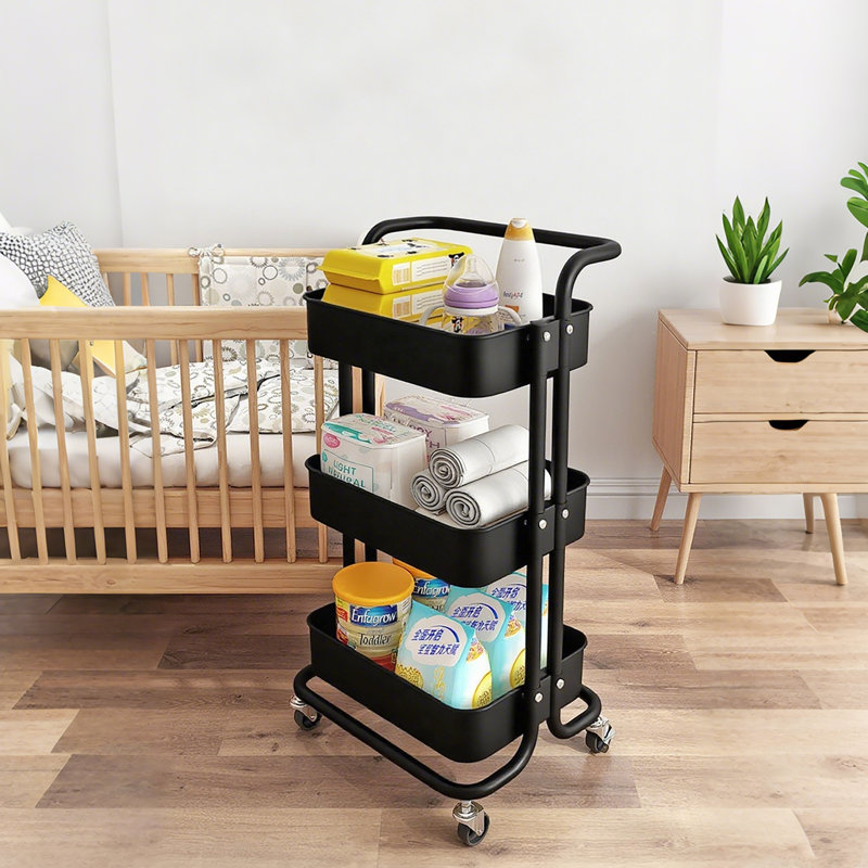 3-Tier Rolling Cart Utility Storage Rack Cart With Handle And Lockable Wheels, Black, Easy Assemble For Kitchen,Bathroom Laundry Room 22036