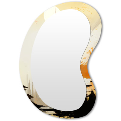 Evelyna Grey and Gold Sunset Collage II - Abstract Collages Irregular Shape Decorative Wall Mirror, Black Asymmetrical Large Mirror, Printed Metal Art