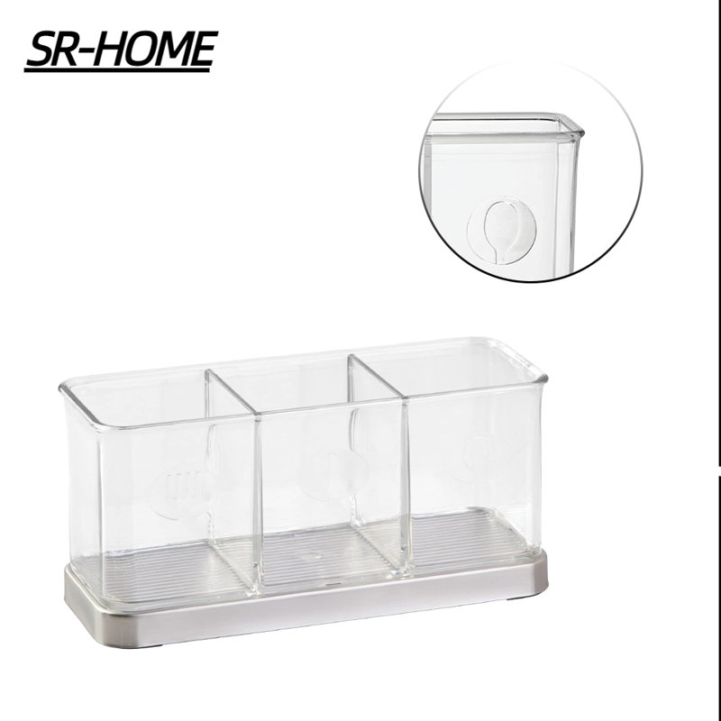 Clear Plastic and Stainless Steel Utensil Holder with 3 Compartments