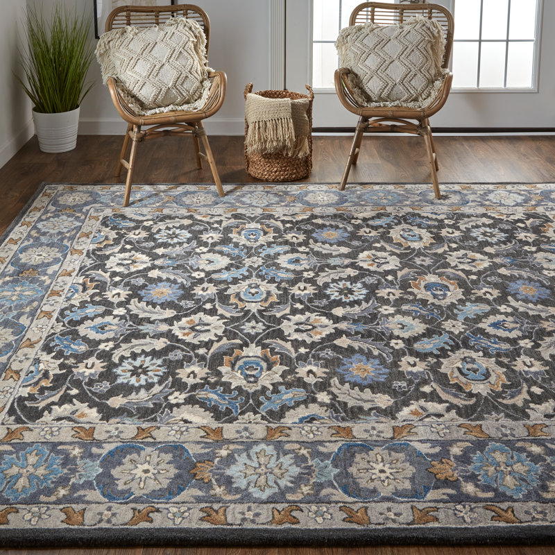 Tapis oriental gris / bleu / rouge en coton touffeté à la main Atlandida, Rectangle de 5 pi x 8 pi