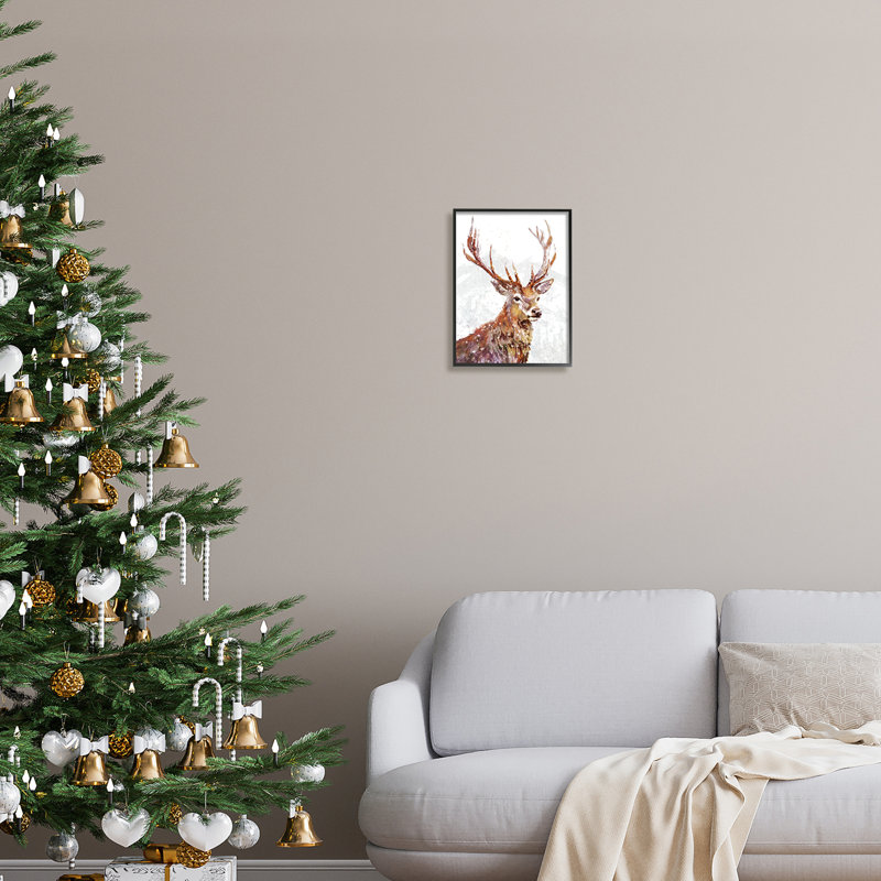 «Winter Deer Mountain Snowfall» encadré sur bois par Pip Wilson, peinture, Giclée encadrée noir minuit, H 14 po x l 11 po