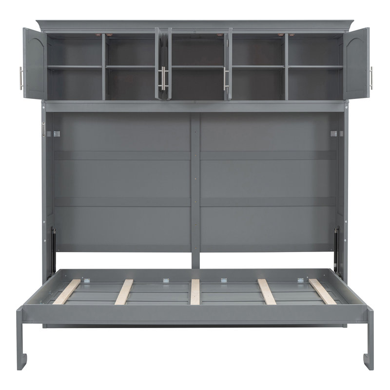 Grand lit escamotable à armoire murale avec armoires supérieures, Gris, Queen