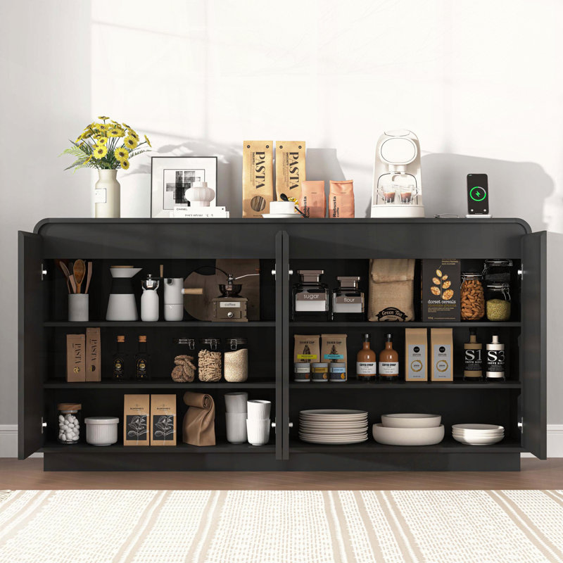 Black 4-Door Fluted TV Stand with Power Outlet, Black