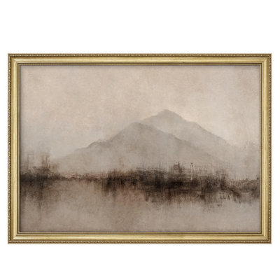 Misty Mountain Landscape Serene Nature Minimalist Illustrations Gold Framed Wall Art Decoration