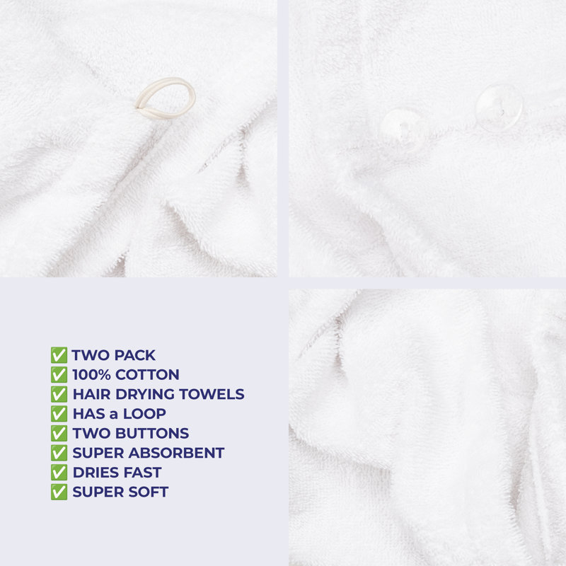 100% Cotton Hair Towels, Hair Turban Towel Wrap Long Curly Hairs, White