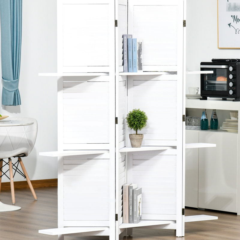 Paravent 67 po en bois à 4 panneaux, 3 tablettes, pliable pour le bureau / chambre à coucher, tablettes blanches et bureau / chambre à coucher,