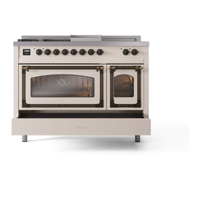 ILVE Nostalgie II Noblesse 48 inch Dual Fuel Range (5 Sealed Burners + Griddle + French Top, Triple Glass Door)